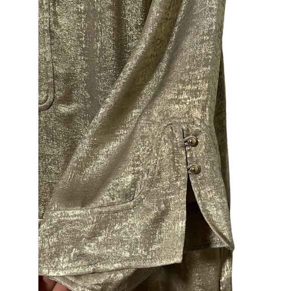 St. John Metallic Champagne V Neck Gown Size L Side Slit Luxe Maxi Dress - FLAWS - Picture 8 of 12